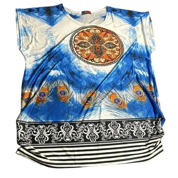 Vtg Y2K SPORT  WORLD BLUE tunic,women one size,blue,shirred,beads,boho,coastal - Picture 8 of 10